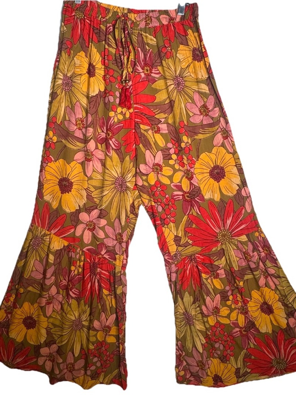 Angie Floral Wide Leg Palazzo Pants Boho Ruffle Bottom Women Sz Large